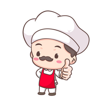 Cute chef thumb up logo mascot cartoon character. People professional concept design. Chibi flat vector illustration. Isolated white background. 