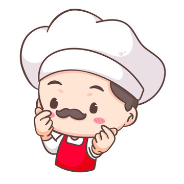 Cute chef love finger sign logo mascot cartoon character. People professional concept design. Chibi flat vector illustration. Isolated white background. 