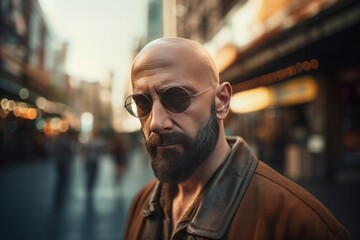 Senior bearded bald man on urban street. Stylish adult man wearing sunglasses on city avenue. Generate ai
