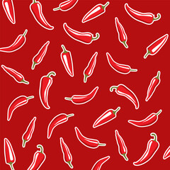 Seamless Pattern with Red Chilli Pepper. Fresh Vegetables isolated on white background. Cartoon Flat Style.