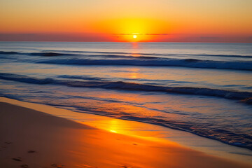 Fototapeta na wymiar Sunset on the beach with gentle waves . Generative AI