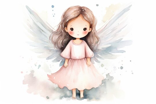 Watercolor painting of young girl with ethereal wings. Fantasy and innocence.