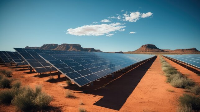 High altitude aerial view over large solar energy farm.