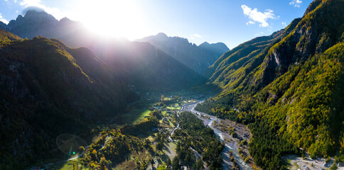 Sunrise over Theth Village in the Northern Albanian Alps - obrazy, fototapety, plakaty