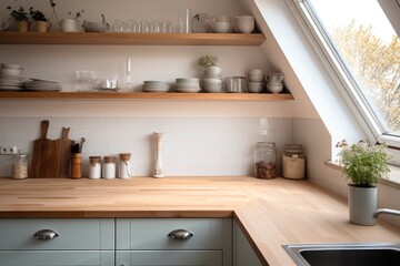 Fototapeta na wymiar A nice tidy kitchen with a wooden kitchen counter and white walls.