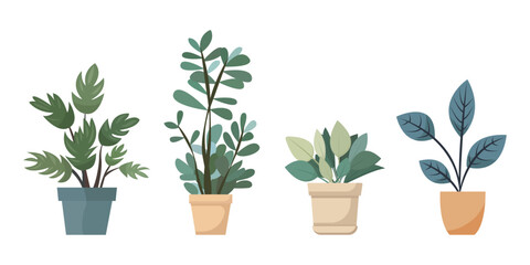 Vector collection of indoor, house plants in pots. Set of elements for design house, room or office. Isolated elements on white background. - obrazy, fototapety, plakaty