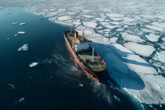 Ship breaking the sea ice. Polar north frozen water and artic icebreaking boat craft. Generate ai