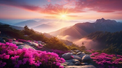 Breathtaking nature scenery during sunset. Scenic image of fairy-tale highland in sunlit. Incredible foggy morning in mountains with amazing pink rhododenndron flovers. Picture of wild area. postcard - obrazy, fototapety, plakaty