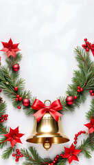 Holly and Christmas tree border, small bell decoration and copy space in the center, Christmas card design