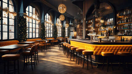 Fototapeta na wymiar Bar cafe interior design, Romanticized views, Dark yellow and light brown.