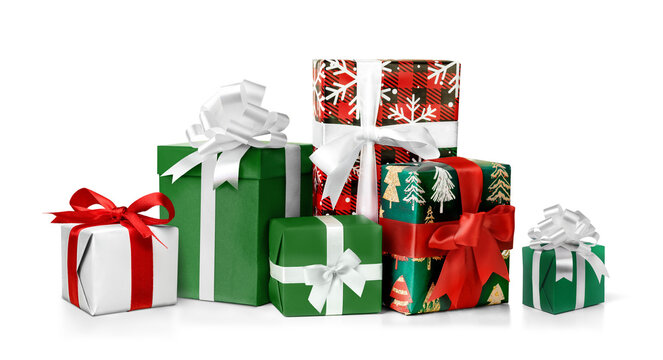 Group of Christmas gift boxes isolated on white background