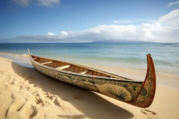 Traditional outrigger Hawaiian canoe on the sand. Exotic floating boat on coastal ocean beach. Generate ai