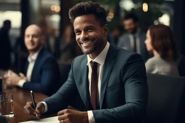 A man in a gray suit is signing a document for a business meeting and he is smiling. - obrazy, fototapety, plakaty
