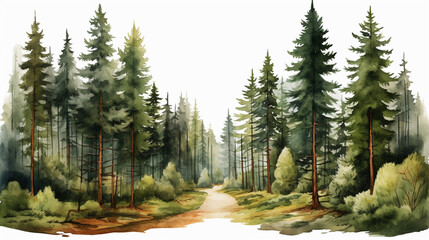 Conifer forest with a path in watercolor clipart style - obrazy, fototapety, plakaty