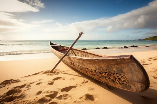Traditional Hawaiian canoe for fishing and recreation. Hawaii outrigger boat on golden island sand. Generate ai
