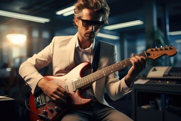 Obraz premium Office IT specialist with guitar.