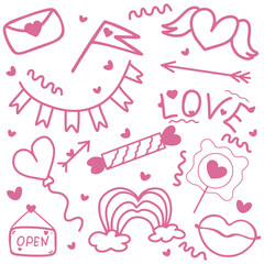 Doodle items for Valentine's Day, wedding or love date. Pink simple shapes of balls, candies, hearts, flags, kisses, cupid's arrows and garlands
