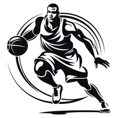 Basketball Player Logo in Stencil Vector: Flat Color Black and White Design on White Background