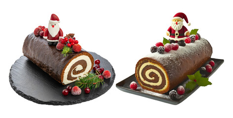 Fototapeta na wymiar Pair of Chocolate Yule Log Cakes Decorated with Santa Claus and Holly Berries on Transparent Backdrop, PNG File