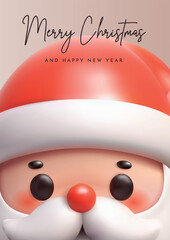 Christmas poster with cute toy Santa Claus face. Cute New Year greeting card.
