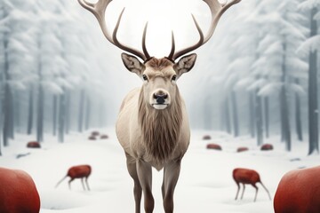 The red nosed reindeer on a winter landscape.