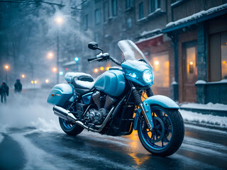 A motorcycle cutting through a snowstorm