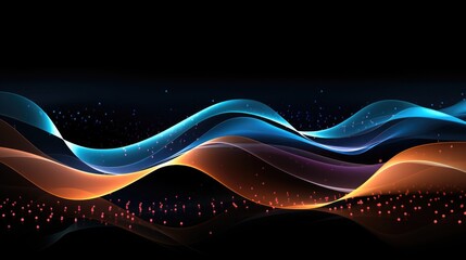 Wavy lines art graphic background on black, light blue, Musical color fields.