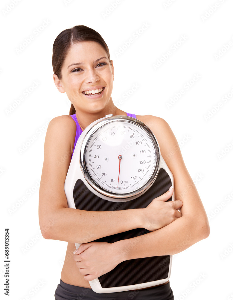 Sticker Scale hug, portrait and woman with weight loss goal, success and smile from health progress. Workout, fitness and sport training of a female person in studio with white background and wellness