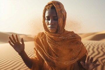Veiled African woman in desert. Beautiful lady with headscarf in windy dune. Generate ai - obrazy, fototapety, plakaty