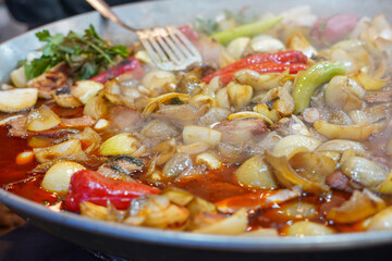 Delicious grilled vegetables and meat on barbecue grill outdoors