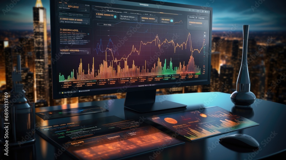Leinwandbilder Graph on computer monitor, Futuristic finance digital market graph user interface, Bright color.