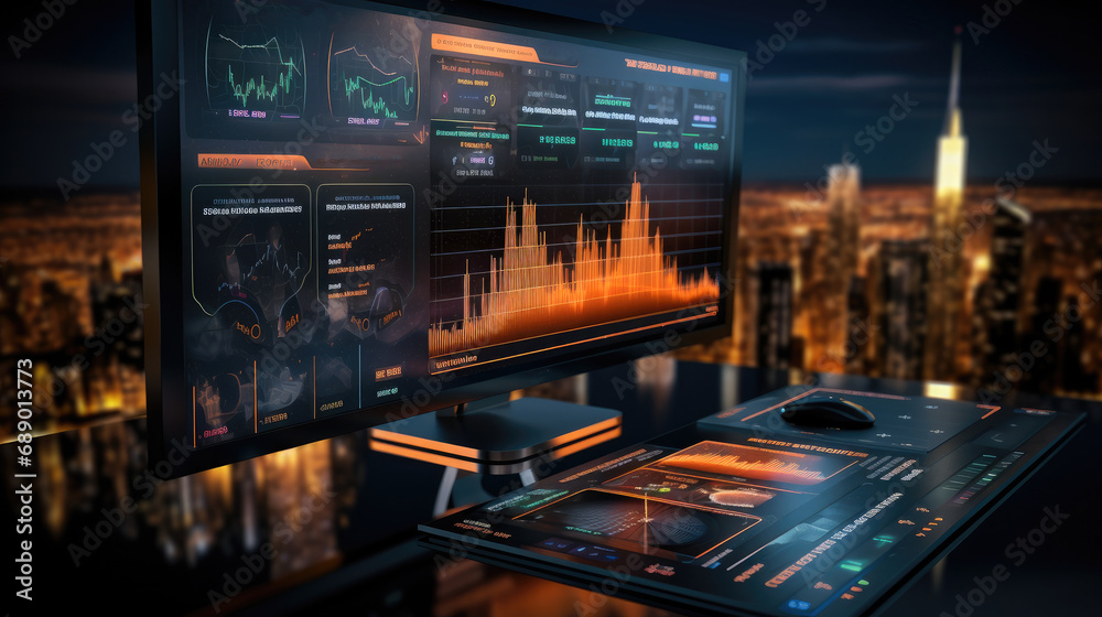 Poster Graph on computer monitor, Futuristic finance digital market graph user interface, Bright color.