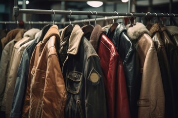 Vintage jackets rack. Clothing retro store with hanging outfits. Generate ai