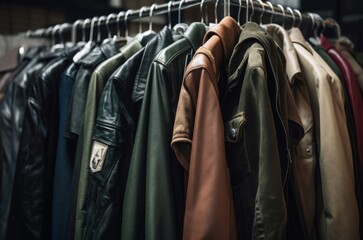 Vintage leather jackets rack. Clothing outerwear showroom assortment on hangers. Generate ai - Powered by Adobe