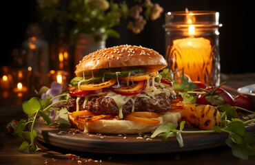 Delicious Grilled Hamburger on Dark Background, Generative AI