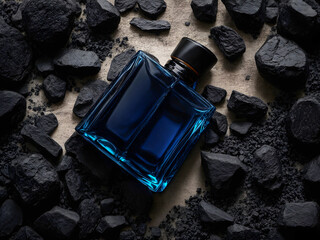 a dark blue cologne or perfume bottle placed on top of black charcoal pieces