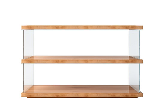 Modern Wooden and Glass Retail Display Shelves Isolated on White Background