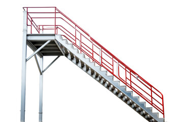 Industrial Metal Staircase with Red Handrails Isolated on White Background