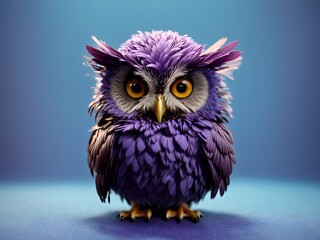 A 3D cartoon owl with purple feathers"