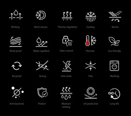 Set icons for functional fabric, clothing. Vector illustration on black background. It can be used in the adv, promo, package, etc. EPS10.