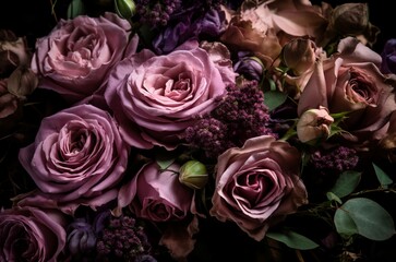 Violet flowers composition background. Purple botany blossom gardenia bouquet. Generate ai