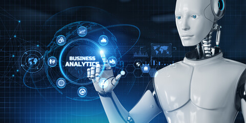 Business analytics automation concept. Robot pressing button on screen 3d render.