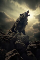 Fototapeta premium A werewolf howling at the moon on a cliff, with a dramatic stormy sky