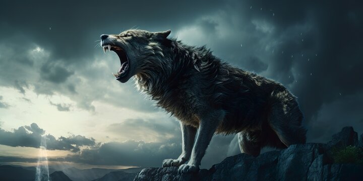 A werewolf howling at the moon on a cliff, with a dramatic stormy sky