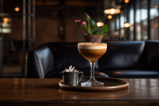 Espresso martini in glass on table at restaurant. Generative AI