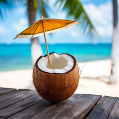 Cocktail in coconut with umbrella at beach. Generative AI