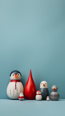 Christmas tree tumblers toys penguins, blue background. 