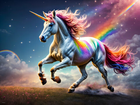 A magical unicorn with a rainbow mane and sparkling hooves