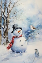 Obraz premium Artistic January-themed watercolor painting featuring a snowman and winter wildlife on textured paper