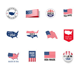 Set of flags, ribbons, signs with the USA flag. Vector illustration isolated on white background. Ready to use for your design, presentation, promo, ad. EPS10.